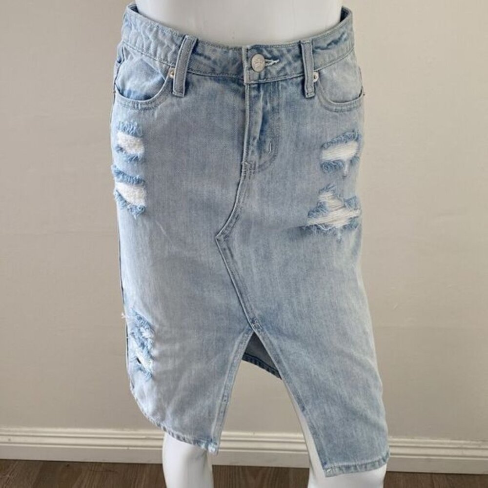 Dolls Kill Generation Kiss Light Blue Distressed Denim Midi Skirt Normcore